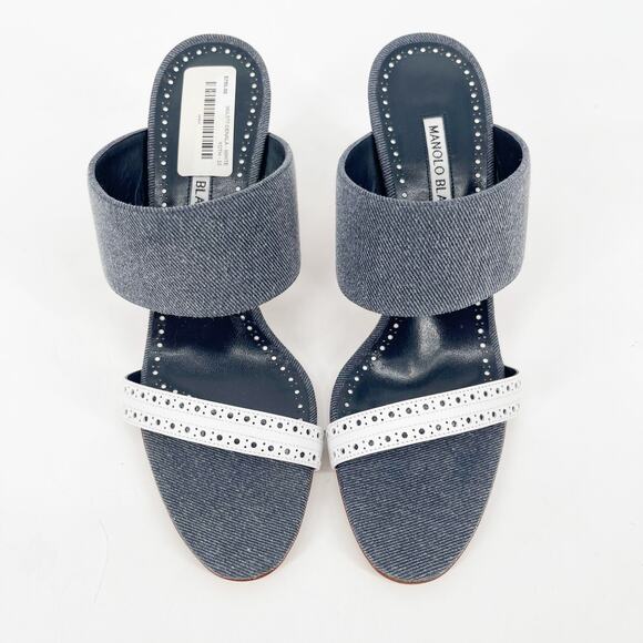 NWB Manolo Blahnik Denala Blue White Denim Leather Dual Band Slide Heels IT 40 - Picture 7 of 14